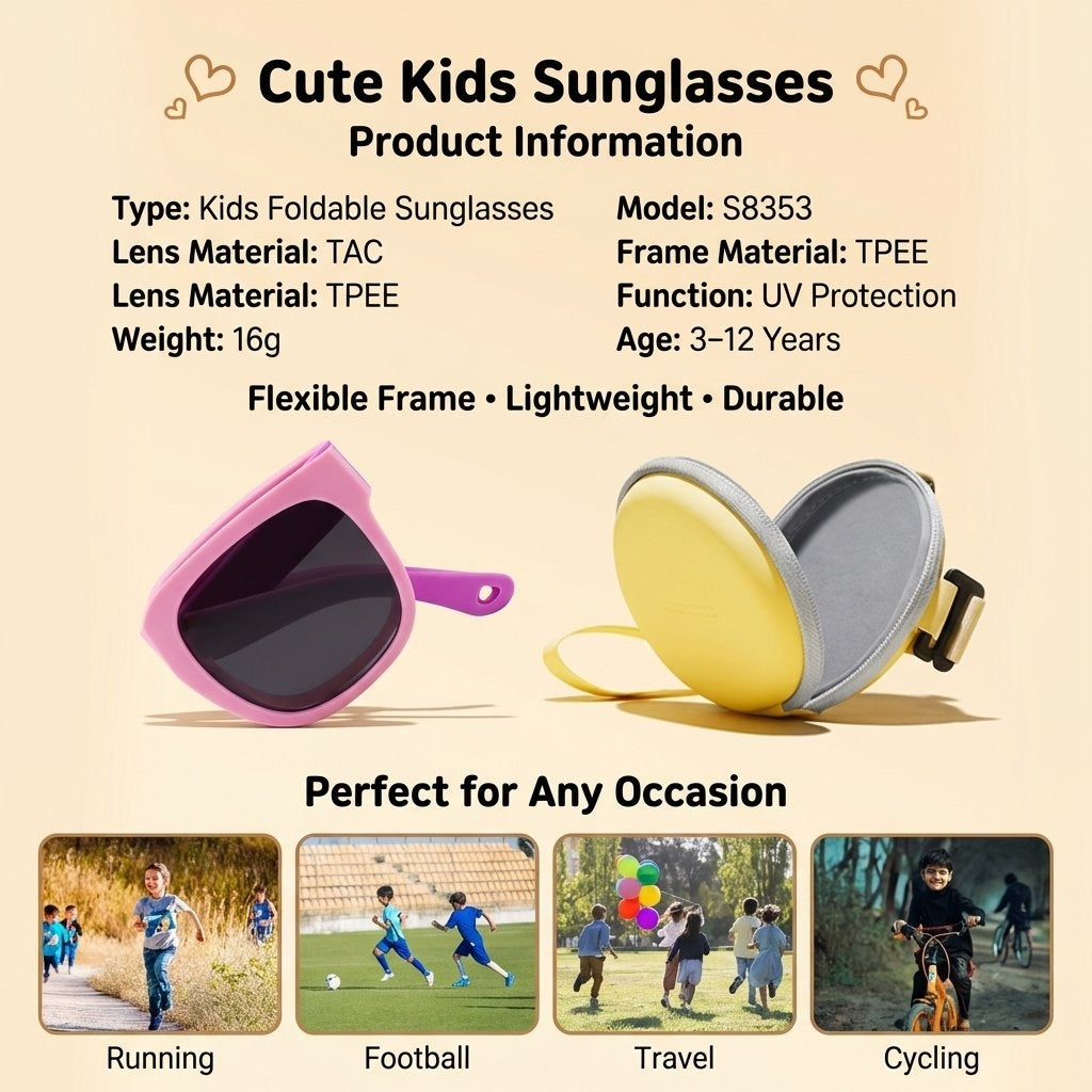Kids Foldable UV400 Sports Sunglasses With Case-Pink Frame /Light Purple